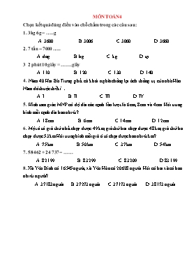 Đề khảo sát môn Toán 4 - Tuần 3